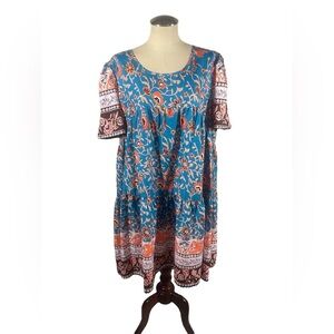 Women's Floral Blue and Pink Muumu dress with Midi Length Size 2XL